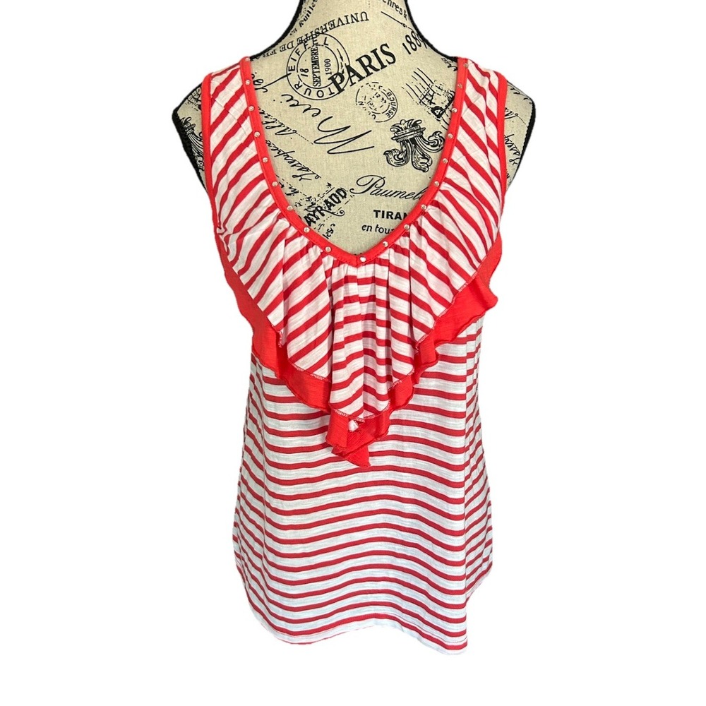 Women's Lena Red White Striped Tank Top Size‎ Petite Large Nautical V Neck NWT